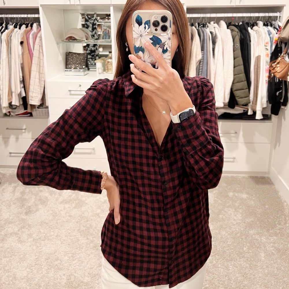 Paige Burgundy Womens Check Shirt Gingham Button-down Top
